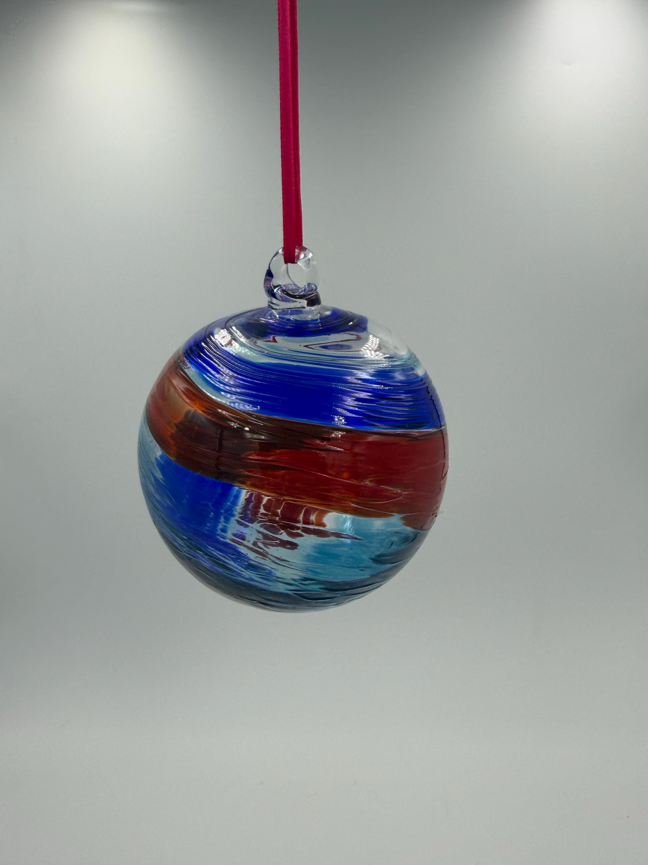 10cm Hand-Blown Blue Red Swirl Glass Ornament – Large Layered Stripe Hanging Ball