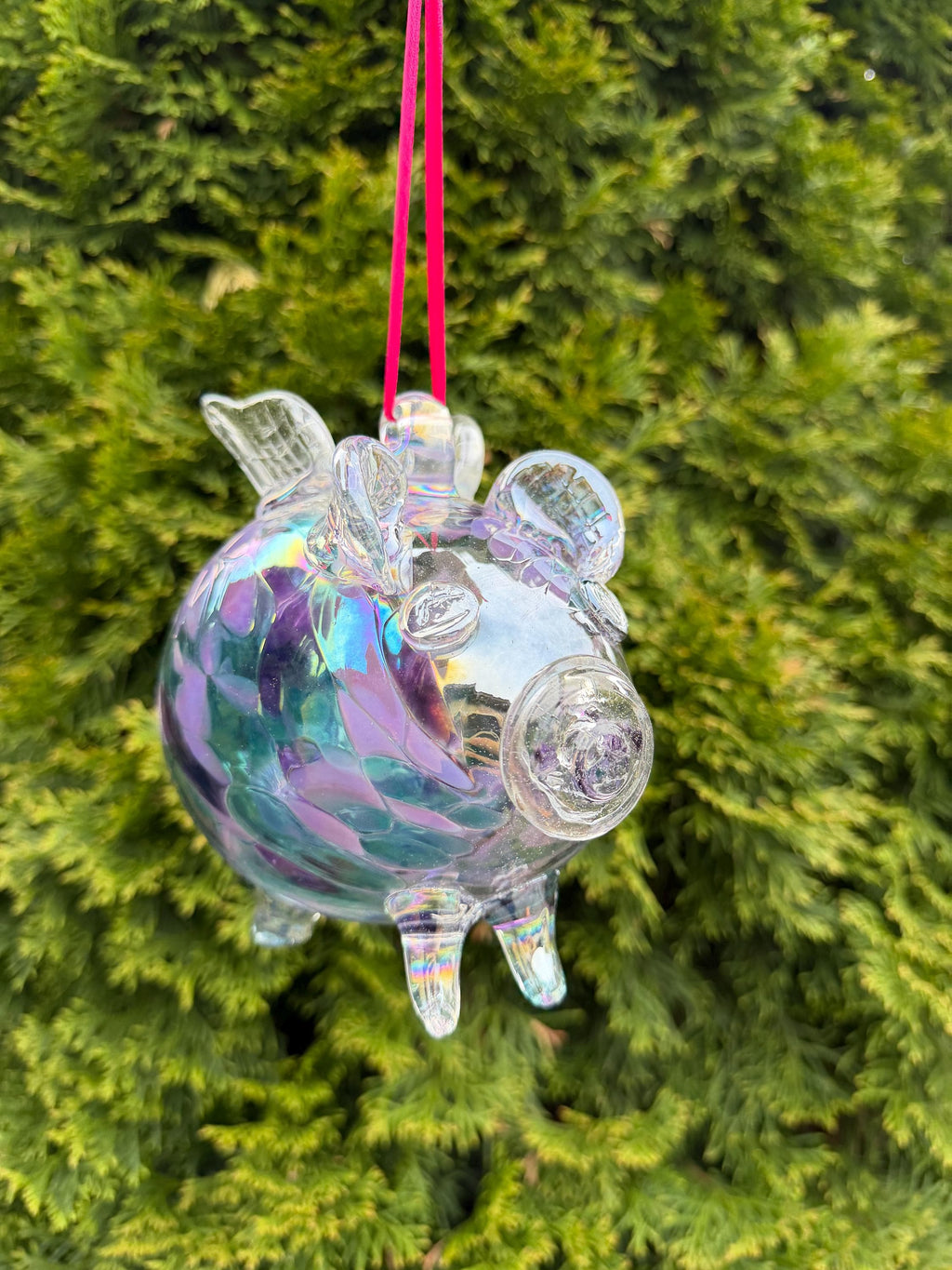 Hand-Blown Glass Flying Pig Ornament 9cm – Iridescent Multicolor Crackle – Hanging Art Glass Figurine