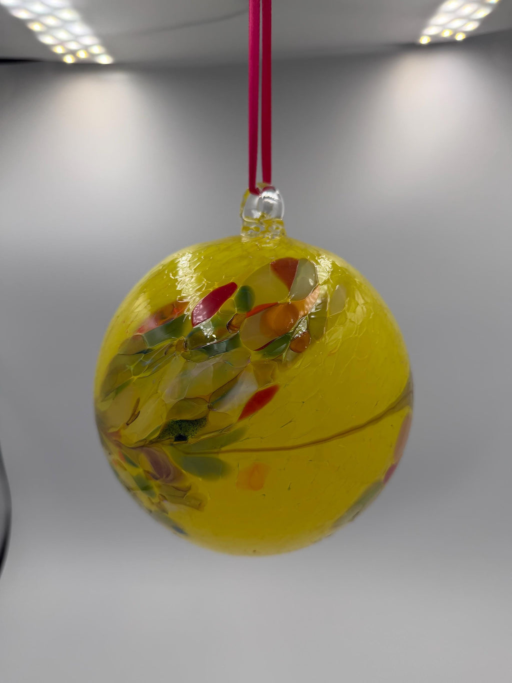 15cm Hand-Blown Crackle Glass Ornament – Yellow Multicolor Crackle Hanging Ball