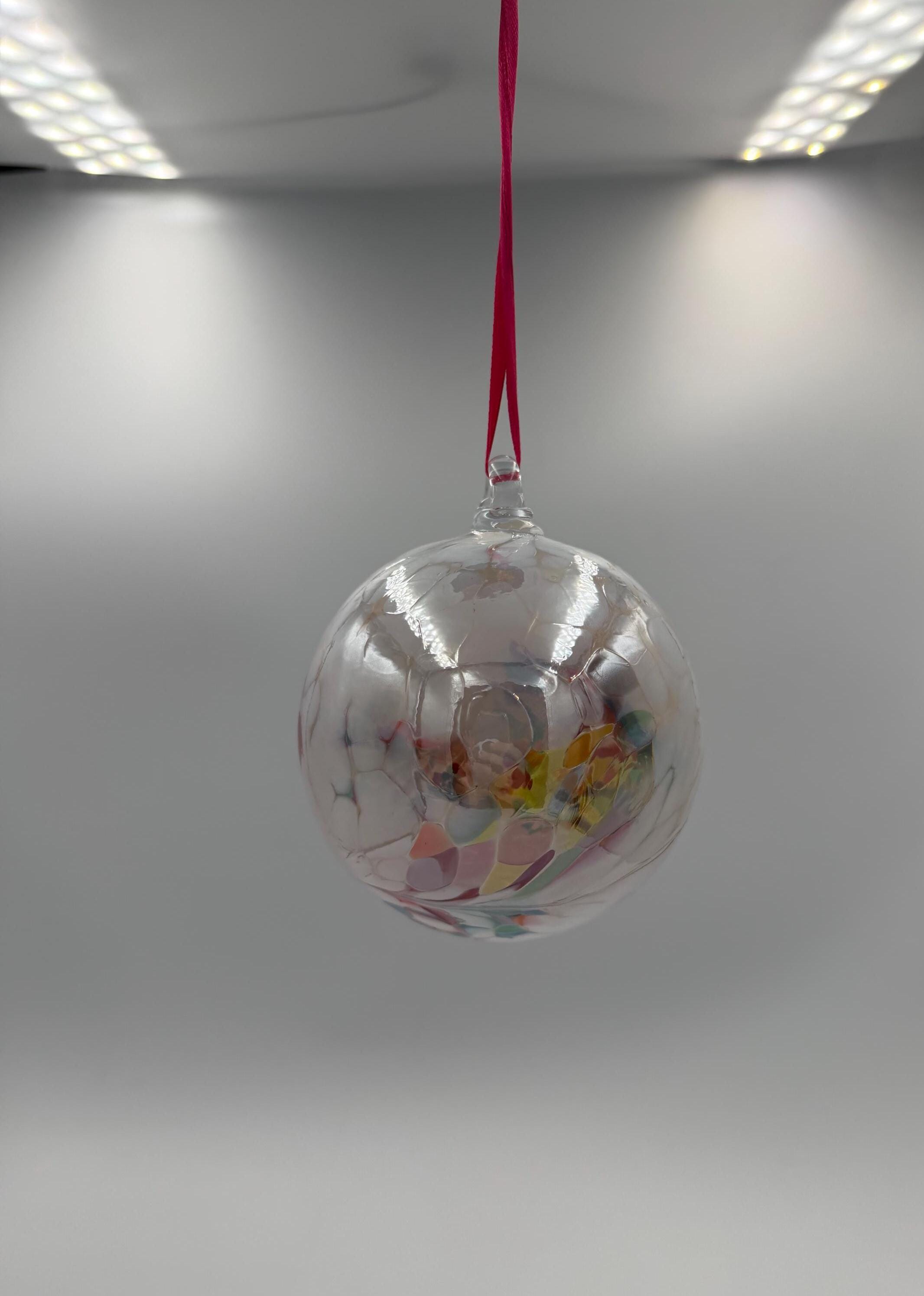10cm Hand-Blown White Glass Ornament – Clear Sphere with Multicolor Internal Fragments – Elegant Hanging Decor
