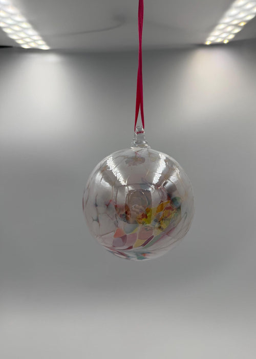 10cm Hand-Blown White Glass Ornament – Clear Sphere with Multicolor Internal Fragments – Elegant Hanging Decor