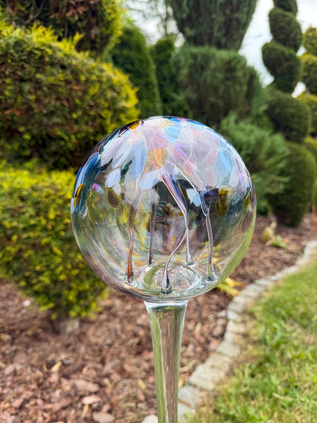 80cm Hand-Blown Pastel Garden Witch Ball on Stake – 15cm Glass Gazing Ball – Outdoor Yard