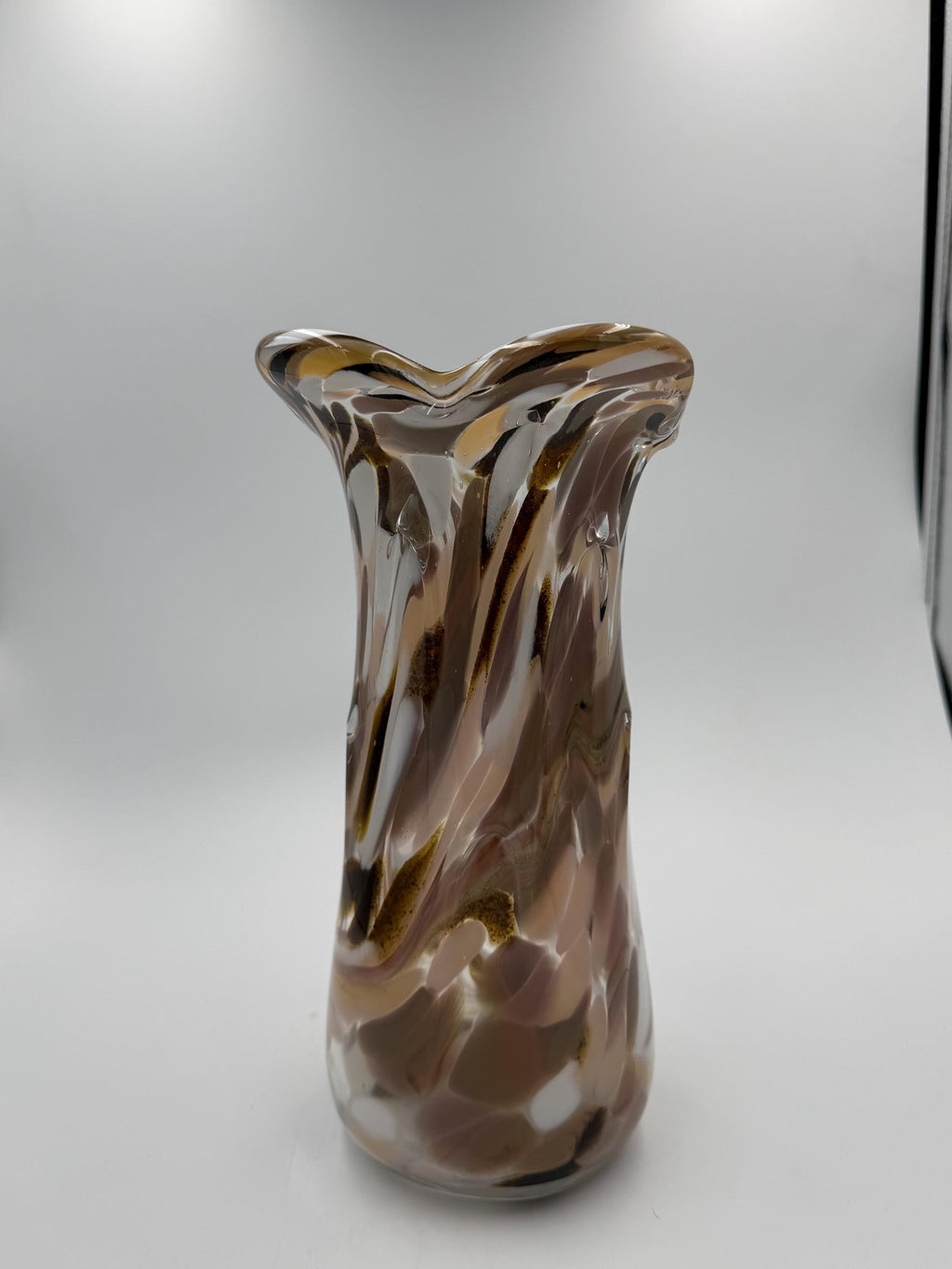 27cm Hand-Blown Art Glass Vase - Elegant Brown Beige Swirl