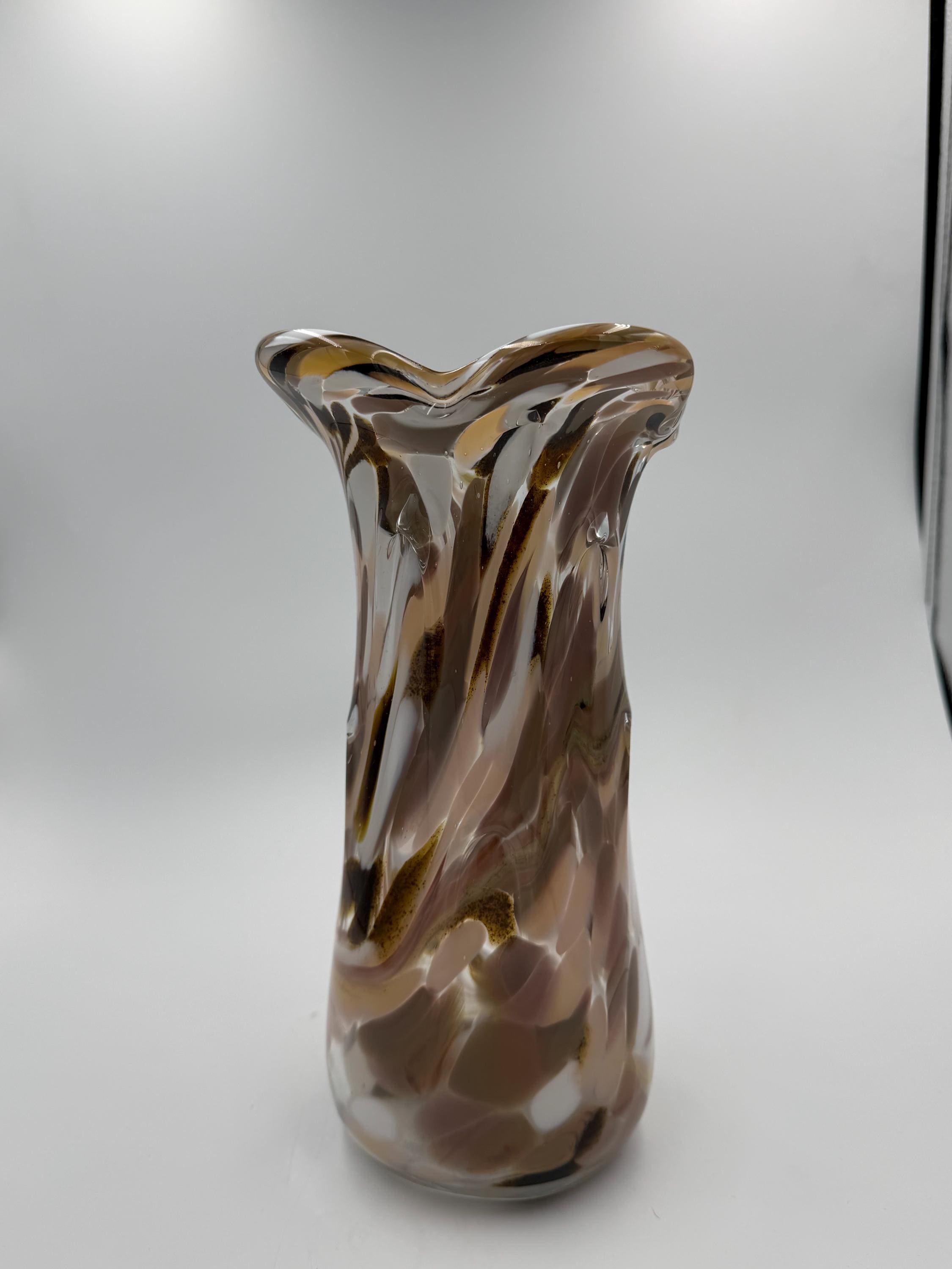27cm Hand-Blown Art Glass Vase - Elegant Brown Beige Swirl