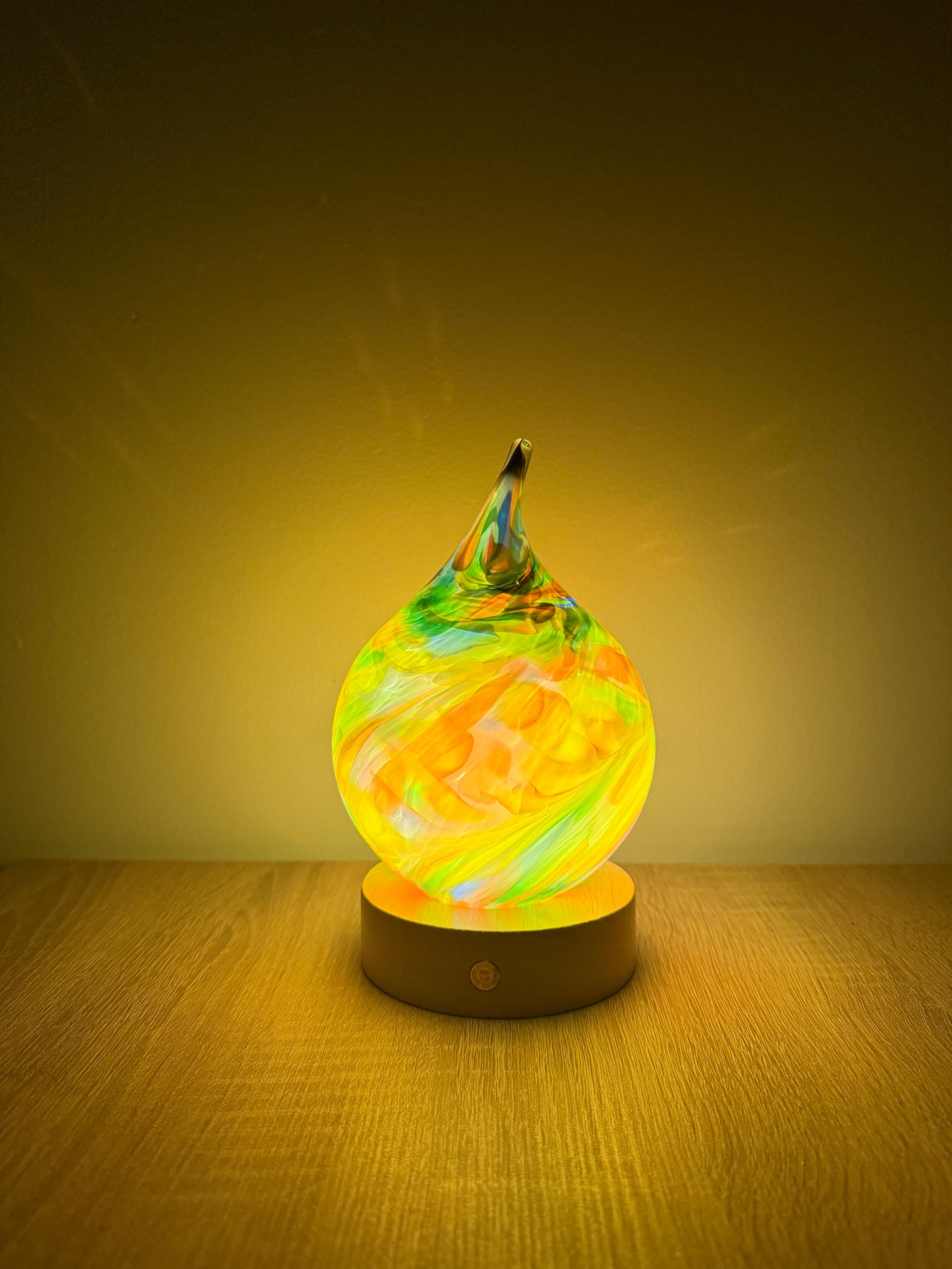 12cm Hand-Blown Rainbow Swirl Teardrop Glass Lamp – Color Changing LED Touch Light Wooden Base