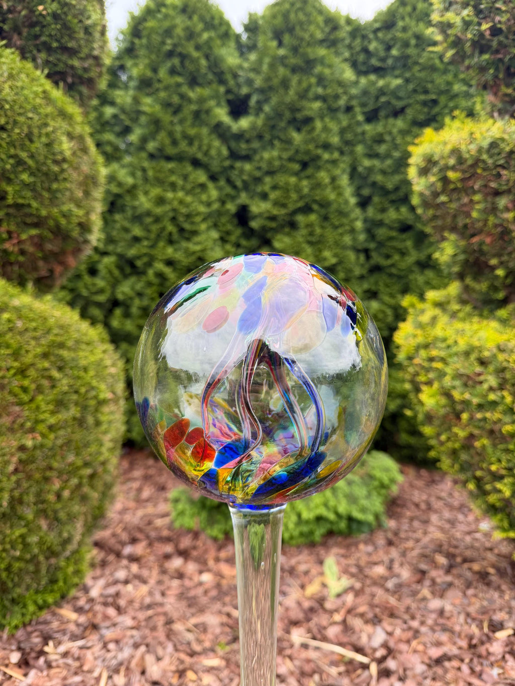 80cm Hand-Blown Garden Witch Ball on Stake – 15cm Colorful Glass Gazing Ball – Outdoor Ornament