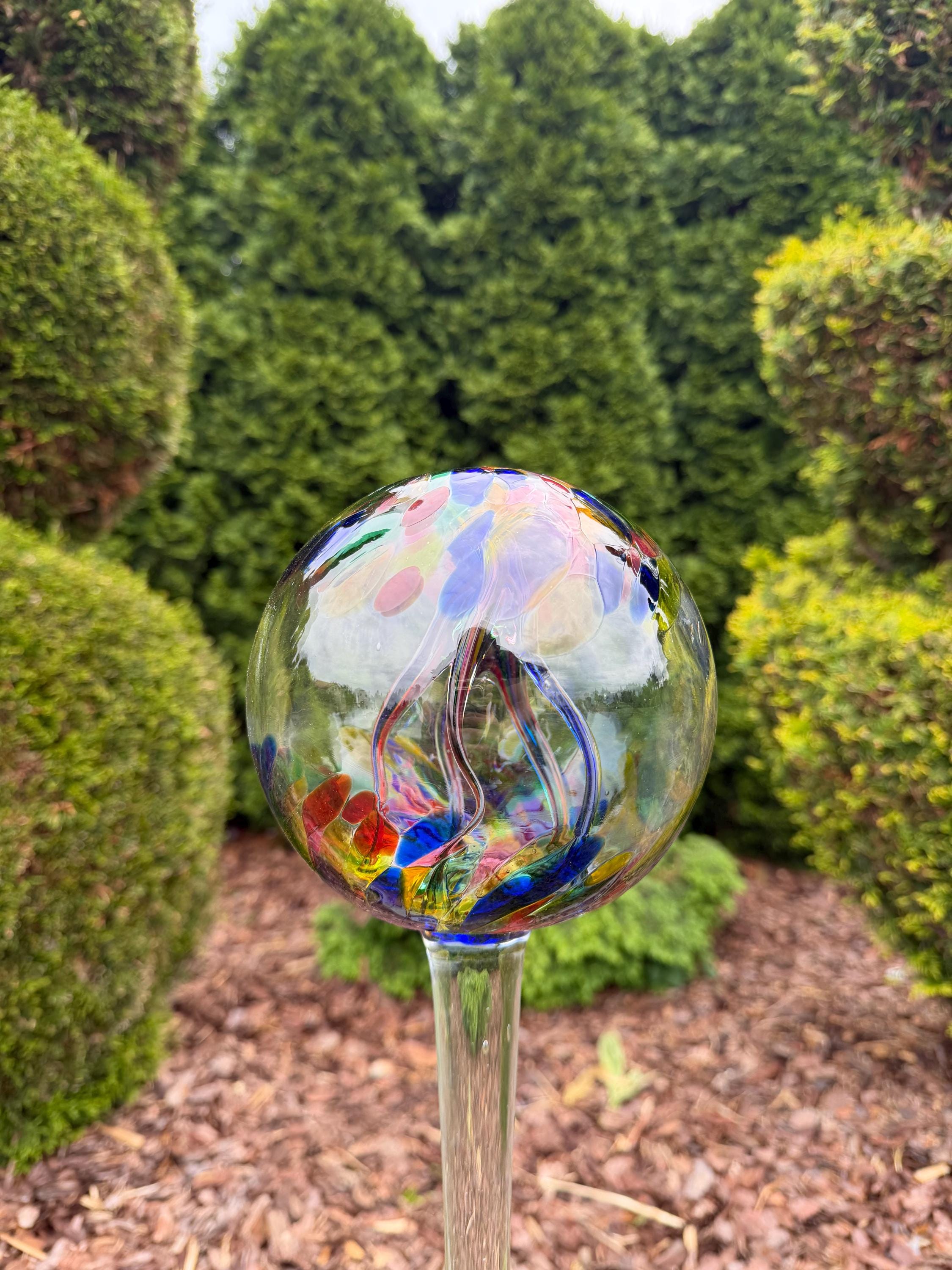 80cm Hand-Blown Garden Witch Ball on Stake – 15cm Colorful Glass Gazing Ball – Outdoor Ornament