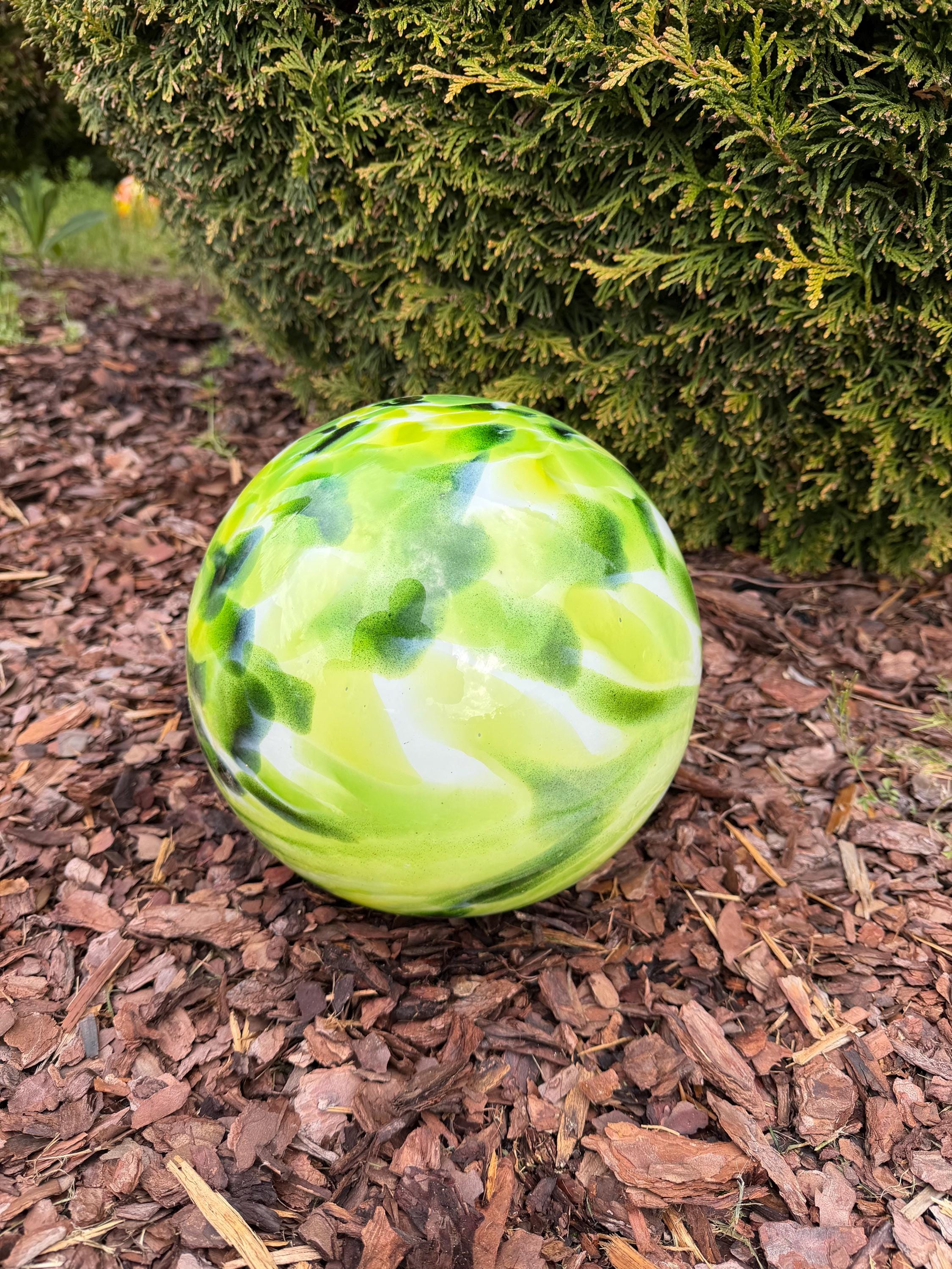 25cm Hand-Blown Glass Garden Sphere – Lime Green Dark Green Swirl Large Gazing Ball