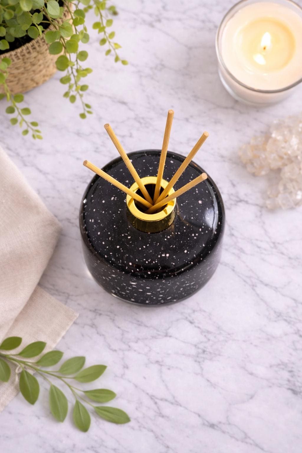 Handblown Art Glass Reed Diffuser – Speckled Galaxy Design, Gold Collar