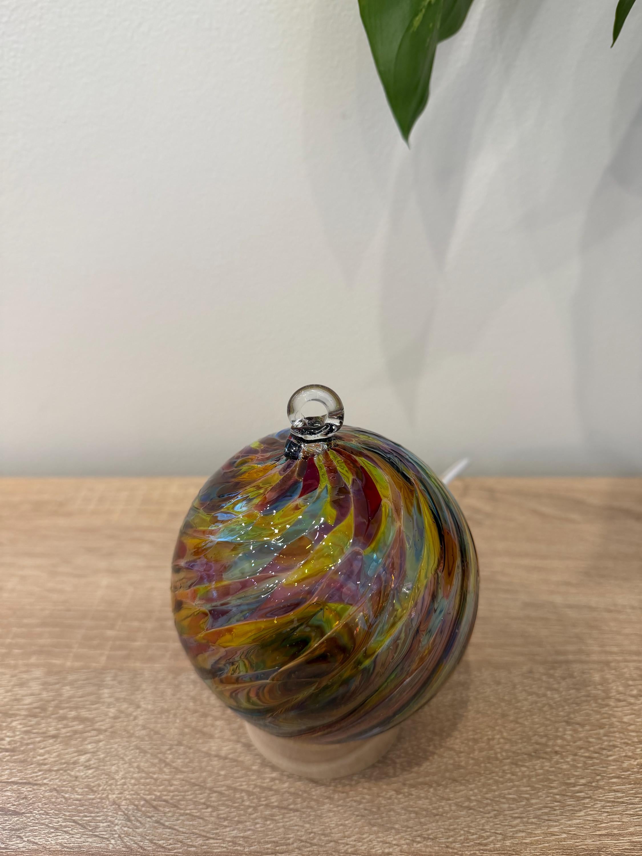 10cm Hand-Blown Rainbow Multicolor Swirl Glass Ornament – Vibrant Hanging Ball