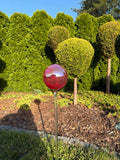 15cm Iridescent Red Glass Garden Stake - Hand Blown Garden Globe - 80cm Outdoor Decor