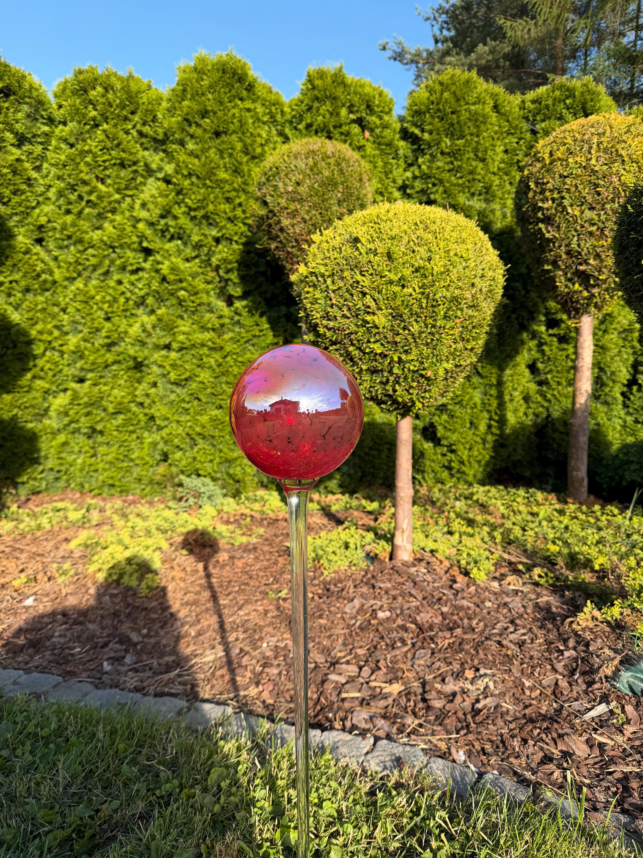 15cm Iridescent Red Glass Garden Stake - Hand Blown Garden Globe - 80cm Outdoor Decor