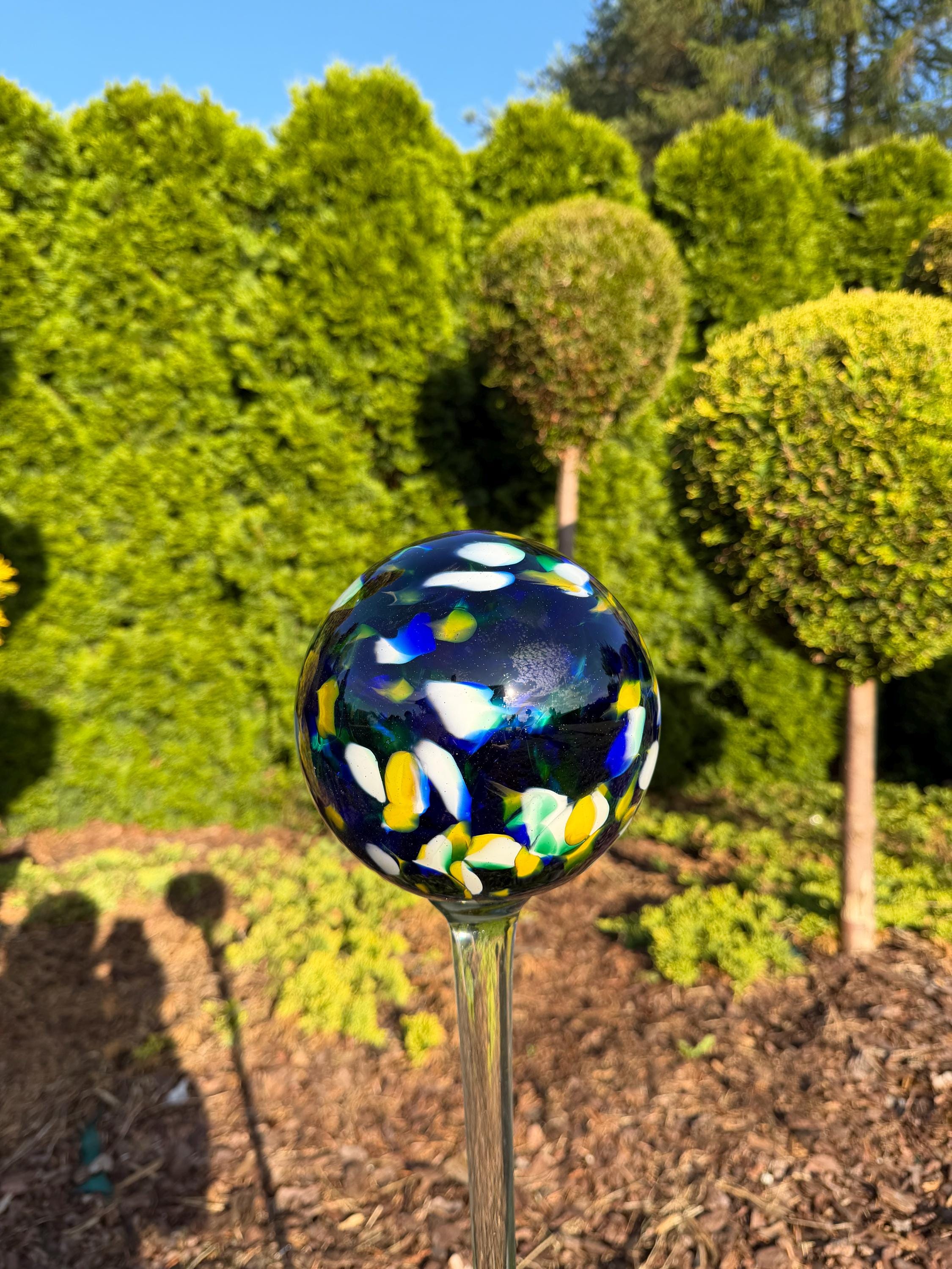 15cm Blue Confetti Glass Garden Stake - Hand Blown Garden Globe - 80cm Yard Art