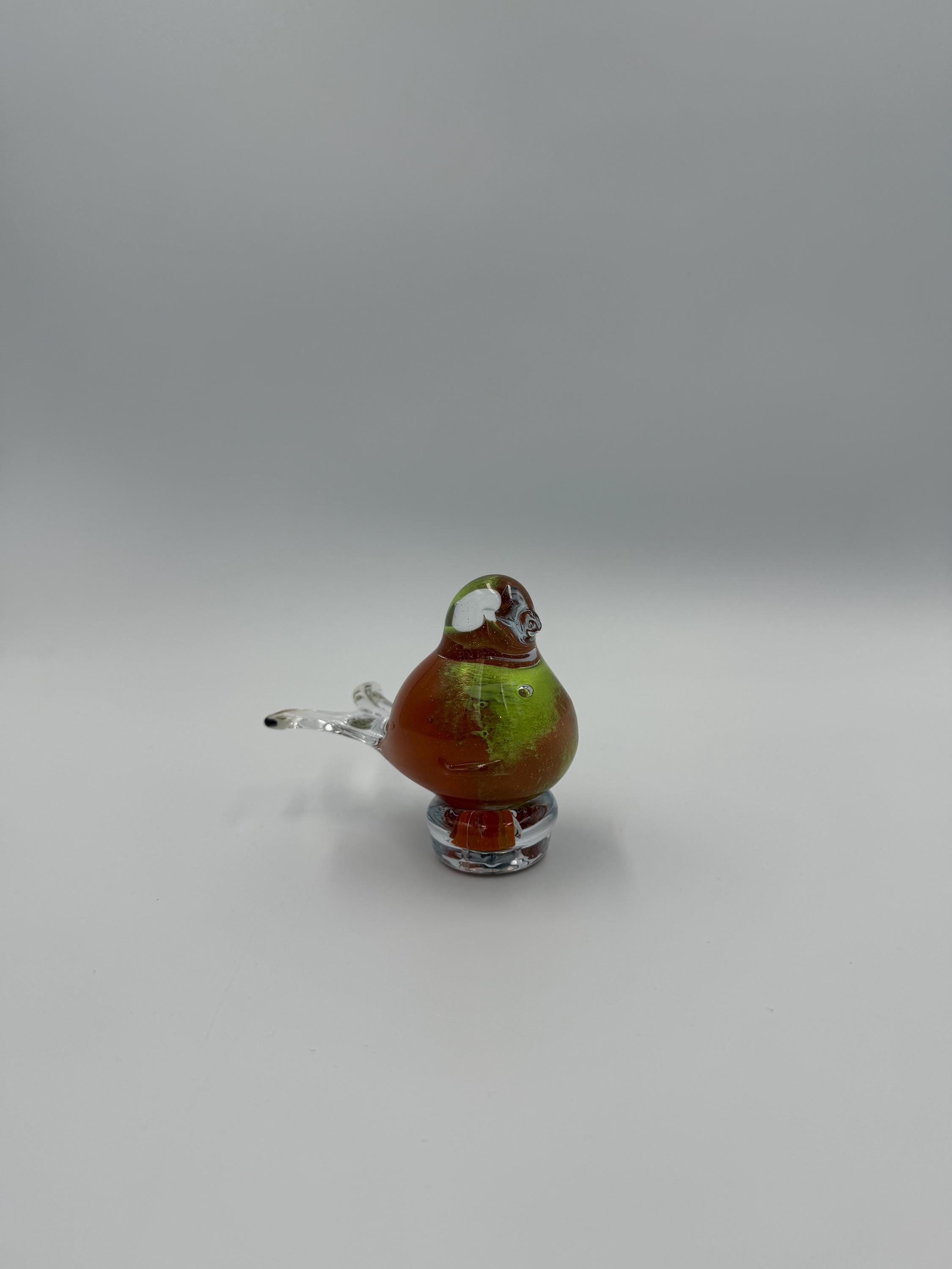 Hand-Blown Glass Bird Figurine – Green Brown Clear Sculpture 6cm