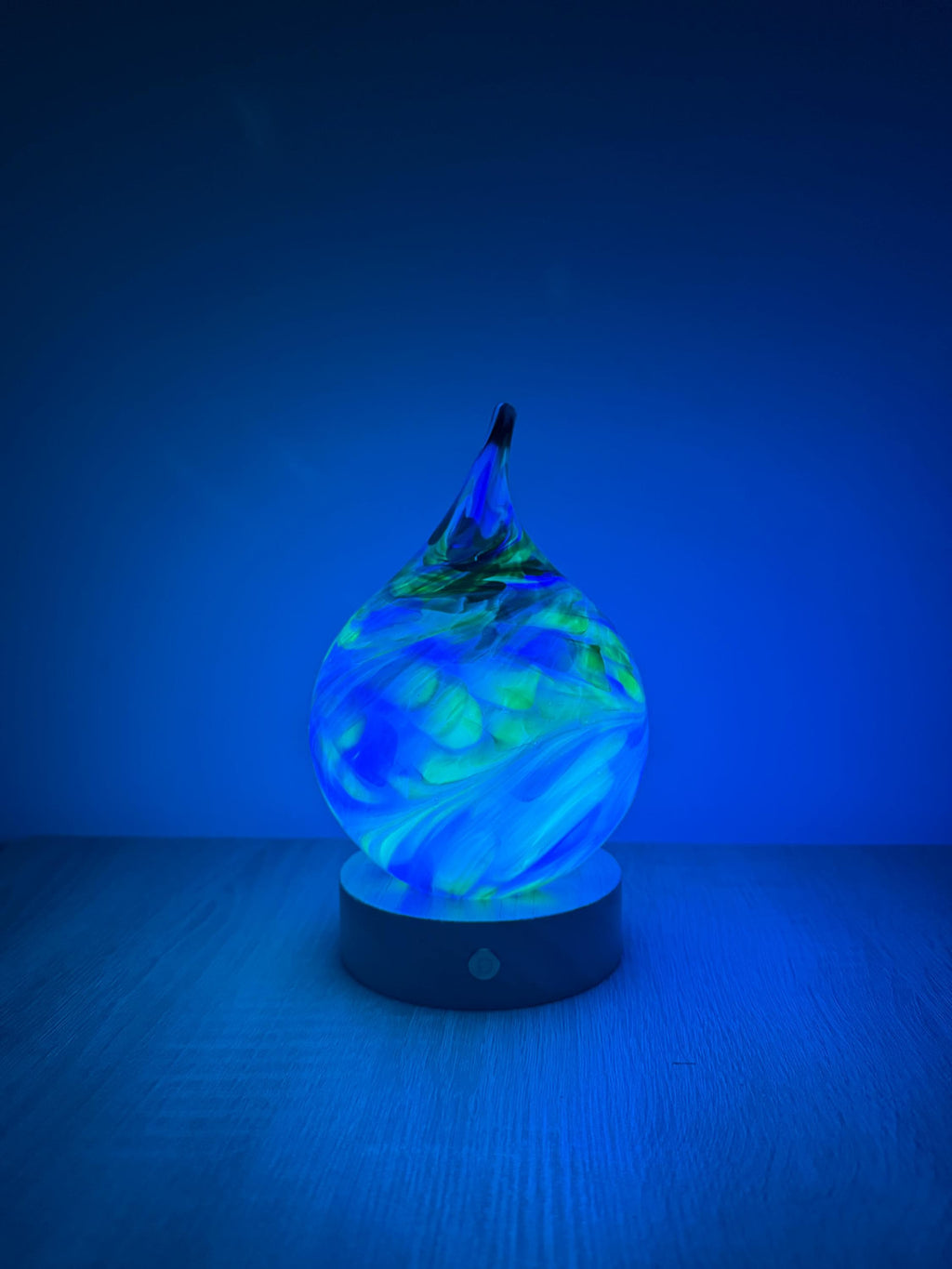12cm Hand-Blown Rainbow Swirl Teardrop Glass Lamp – Color Changing LED Touch Light Wooden Base