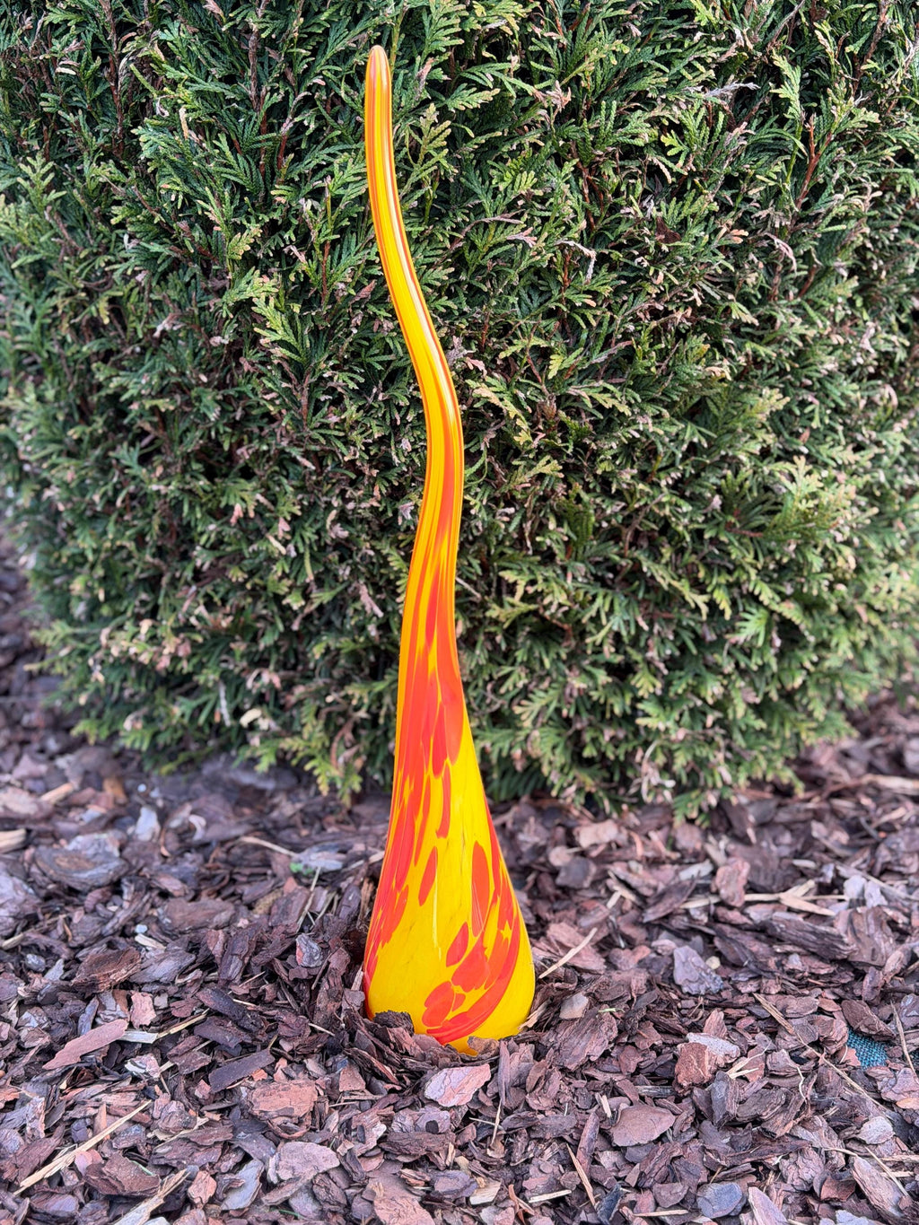 Large 50cm Hand-Blown Glass Garden Flame – Yellow Red Swirl Outdoor Sculpture – Modern Garden Art