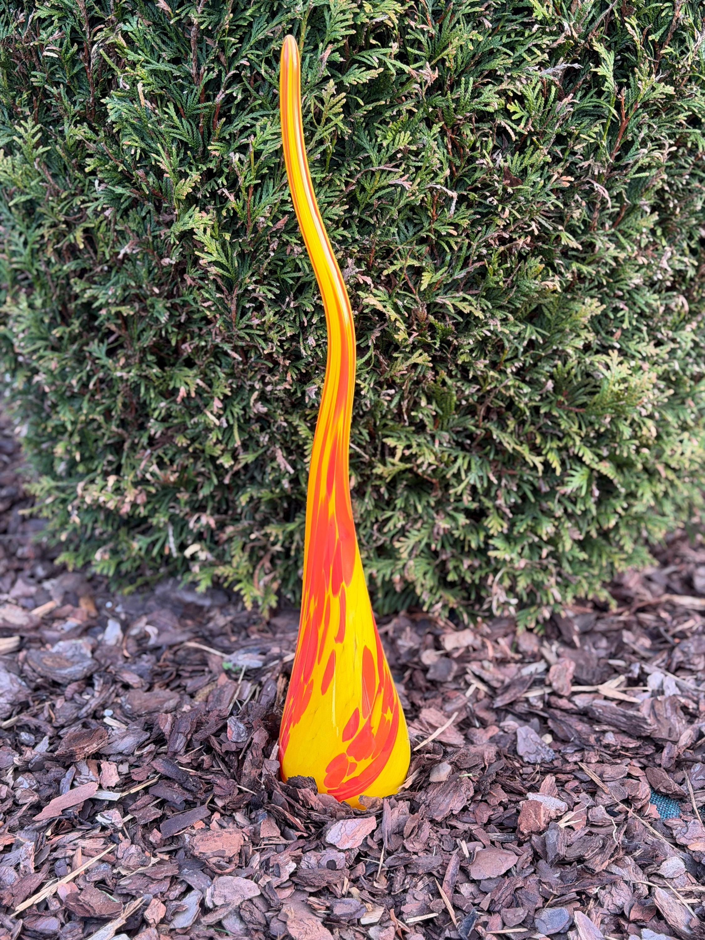 Large 50cm Hand-Blown Glass Garden Flame – Yellow Red Swirl Outdoor Sculpture – Modern Garden Art