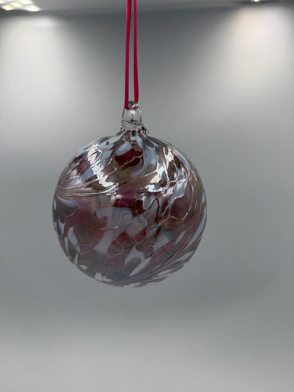 10cm Hand-Blown Crackle Glass Ornament – Pink Purple Gold Iridescent Swirl Hanging Sphere