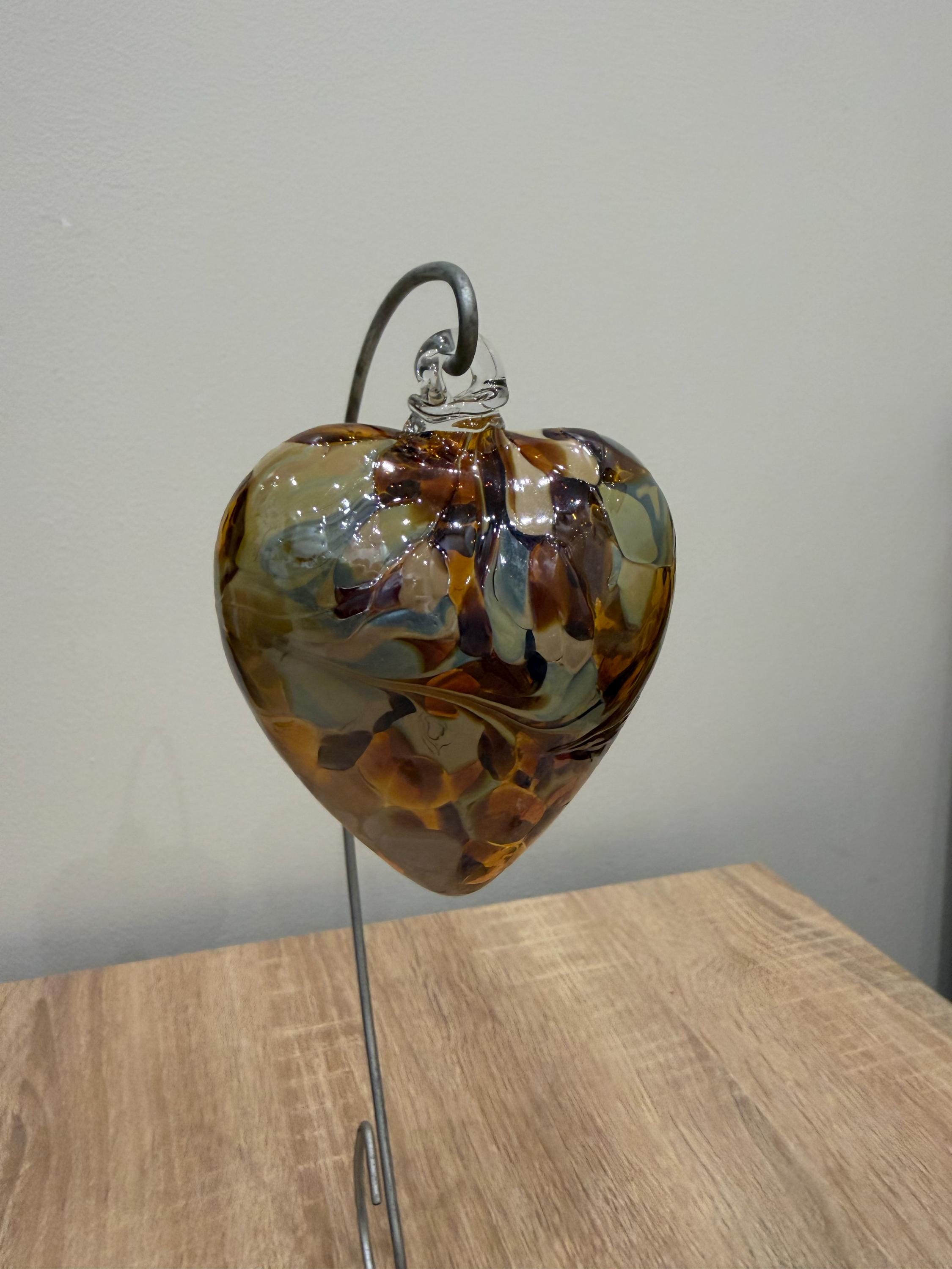 Hand-Blown Glass Heart Ornament 8cm – Amber Brown Multicolor Crackle Heart – Custom Color Option