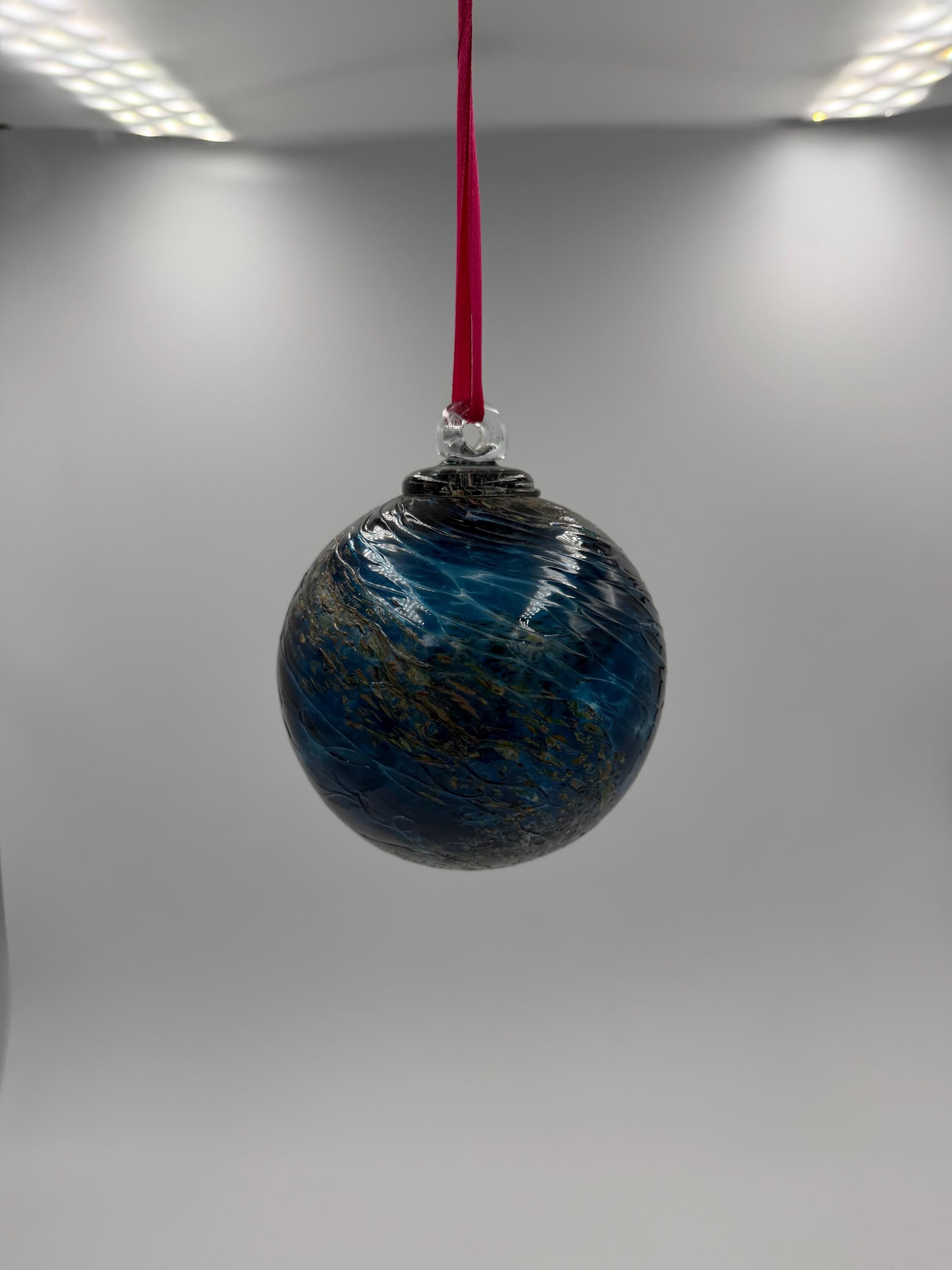 10cm Hand-Blown Blue Gold Black Swirl Glass Ornament – Dark Hanging Ball