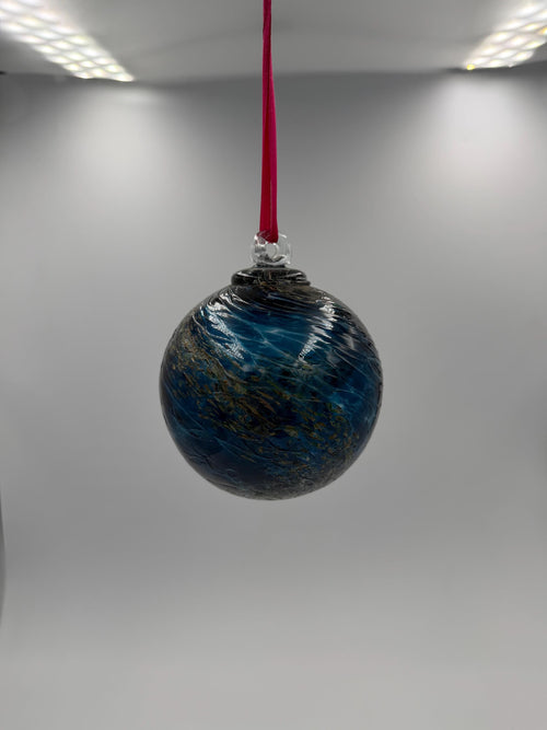 10cm Hand-Blown Blue Gold Black Swirl Glass Ornament – Dark Hanging Ball