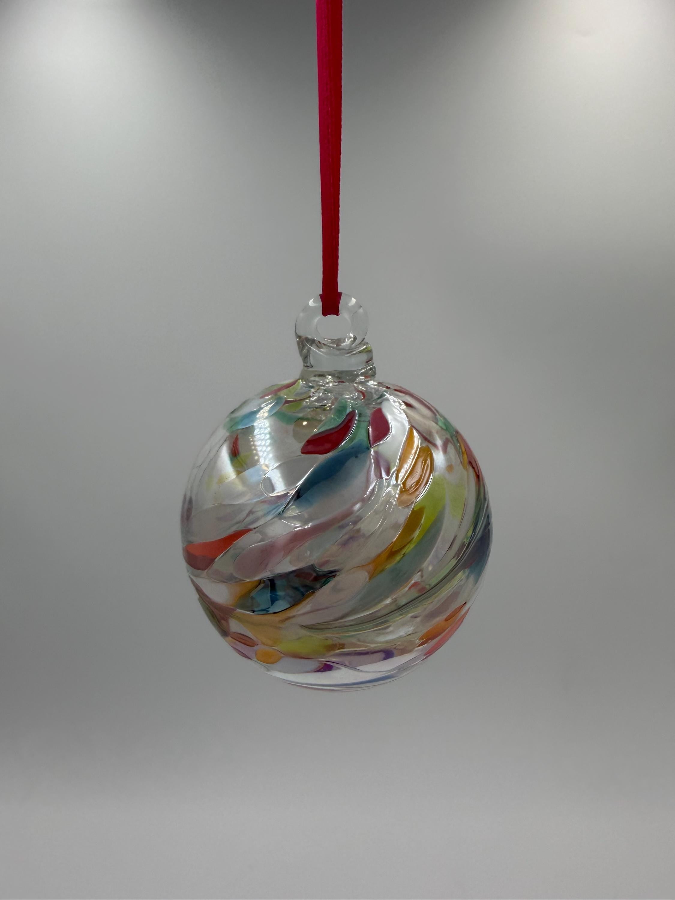 6cm Hand-Blown Crackle Glass Ornament – White Multicolor Swirl Hanging Ball