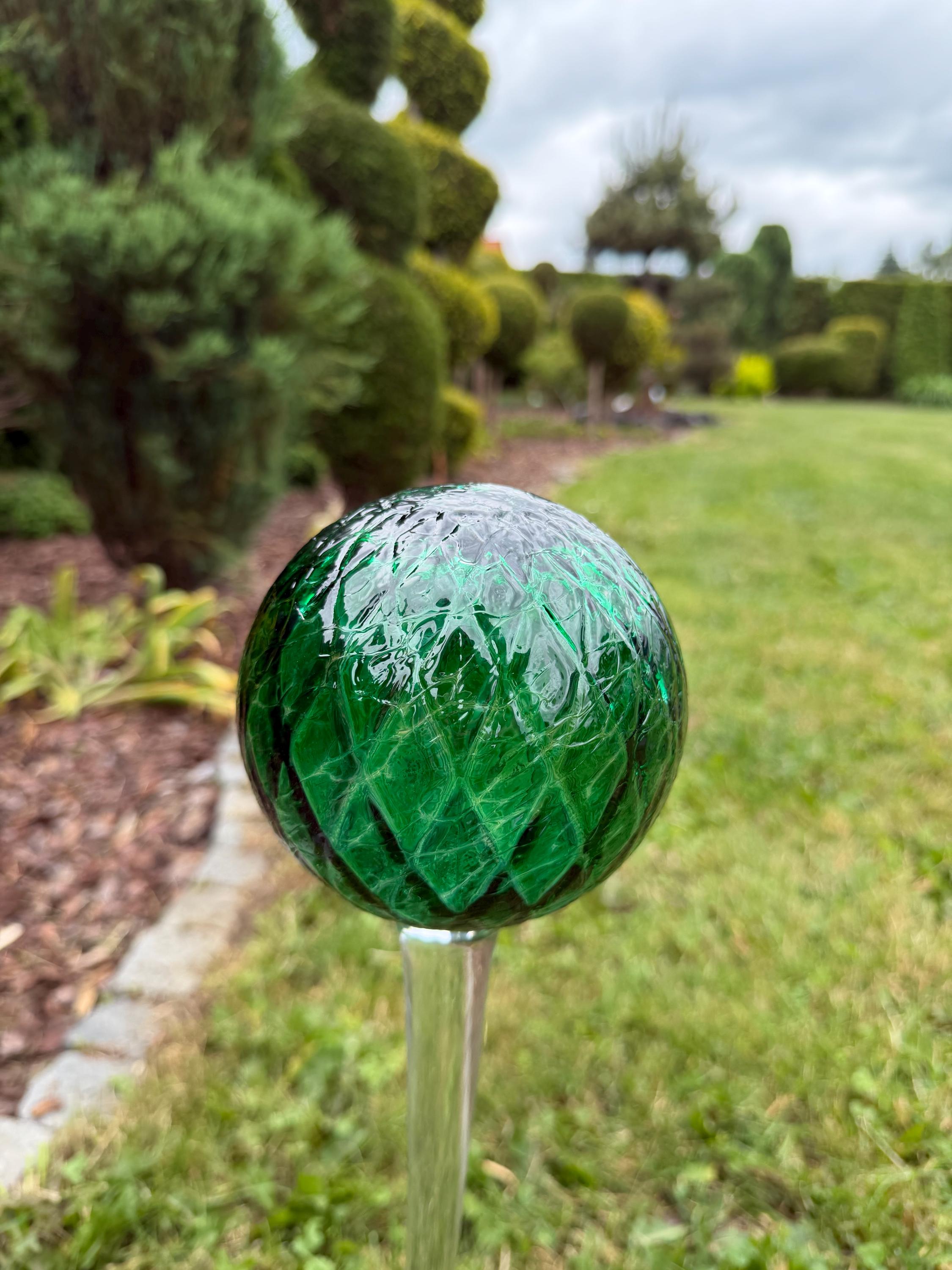 70cm Hand Blown Emerald Green - 12cm Glass Garden Ball Stake – Textured Art Decoration