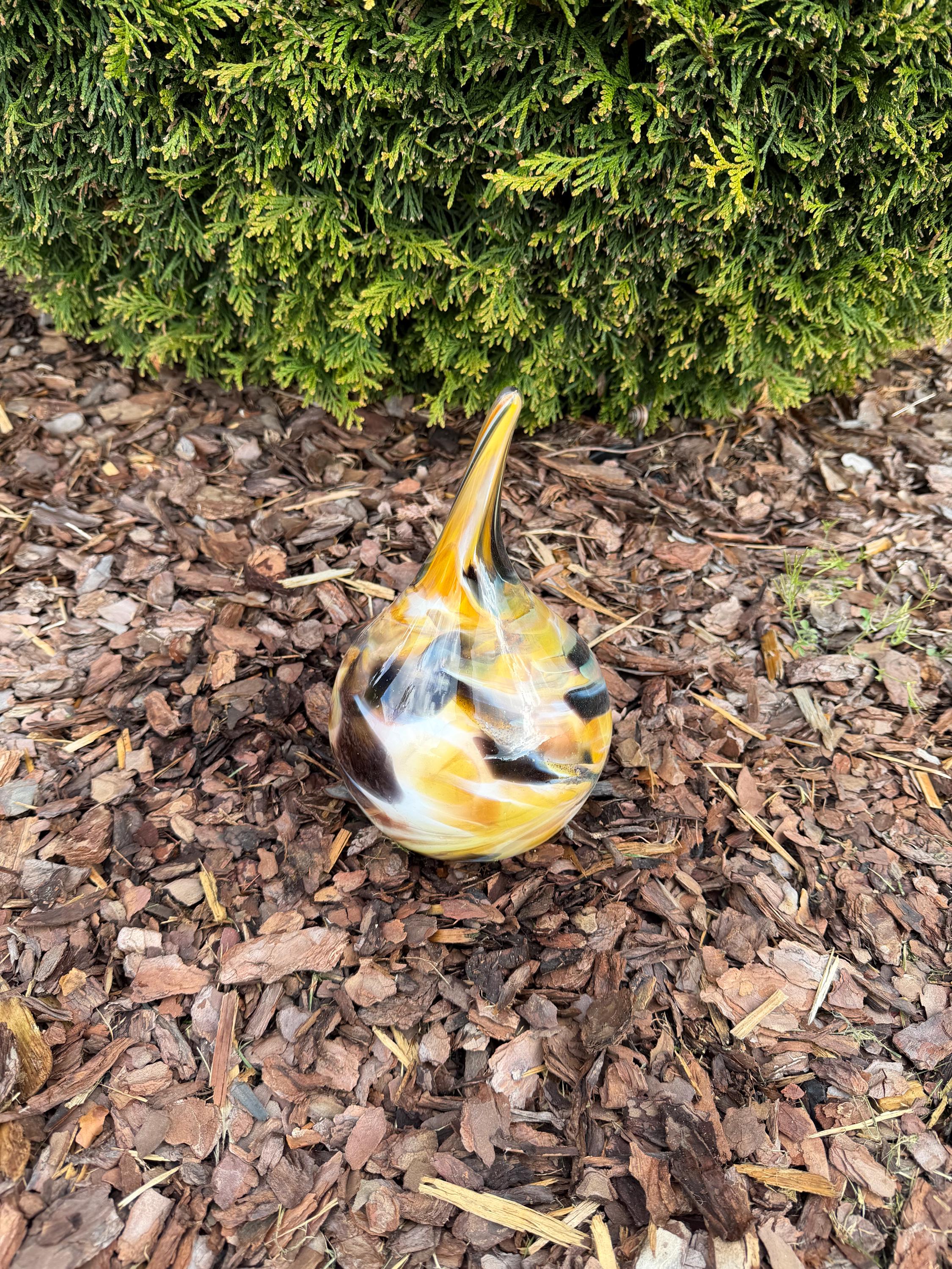 10cm Hand-Blown Glass Teardrop – Yellow Black Orange Swirl Mini Sculpture