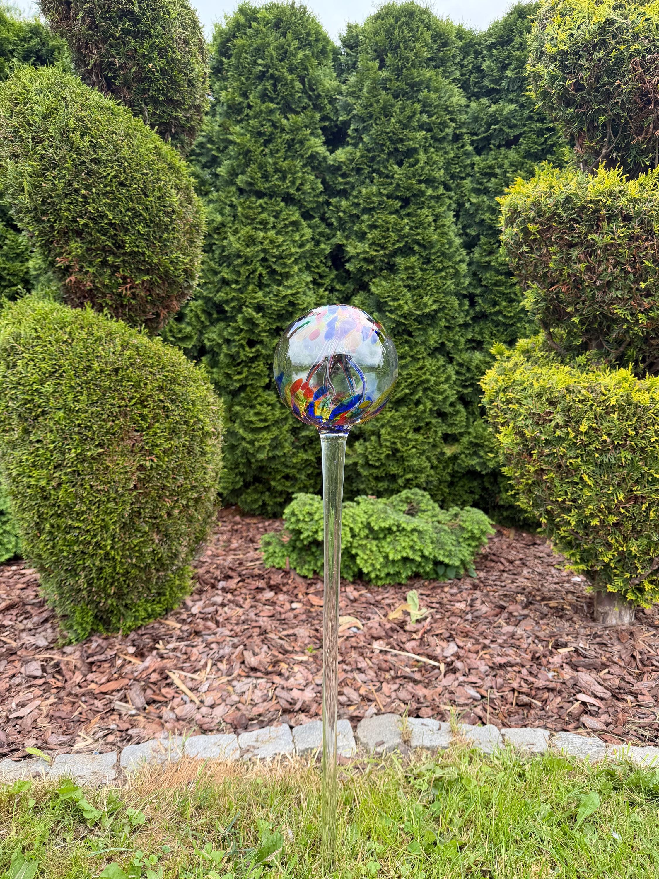 80cm Hand-Blown Garden Witch Ball on Stake – 15cm Colorful Glass Gazing Ball – Outdoor Ornament