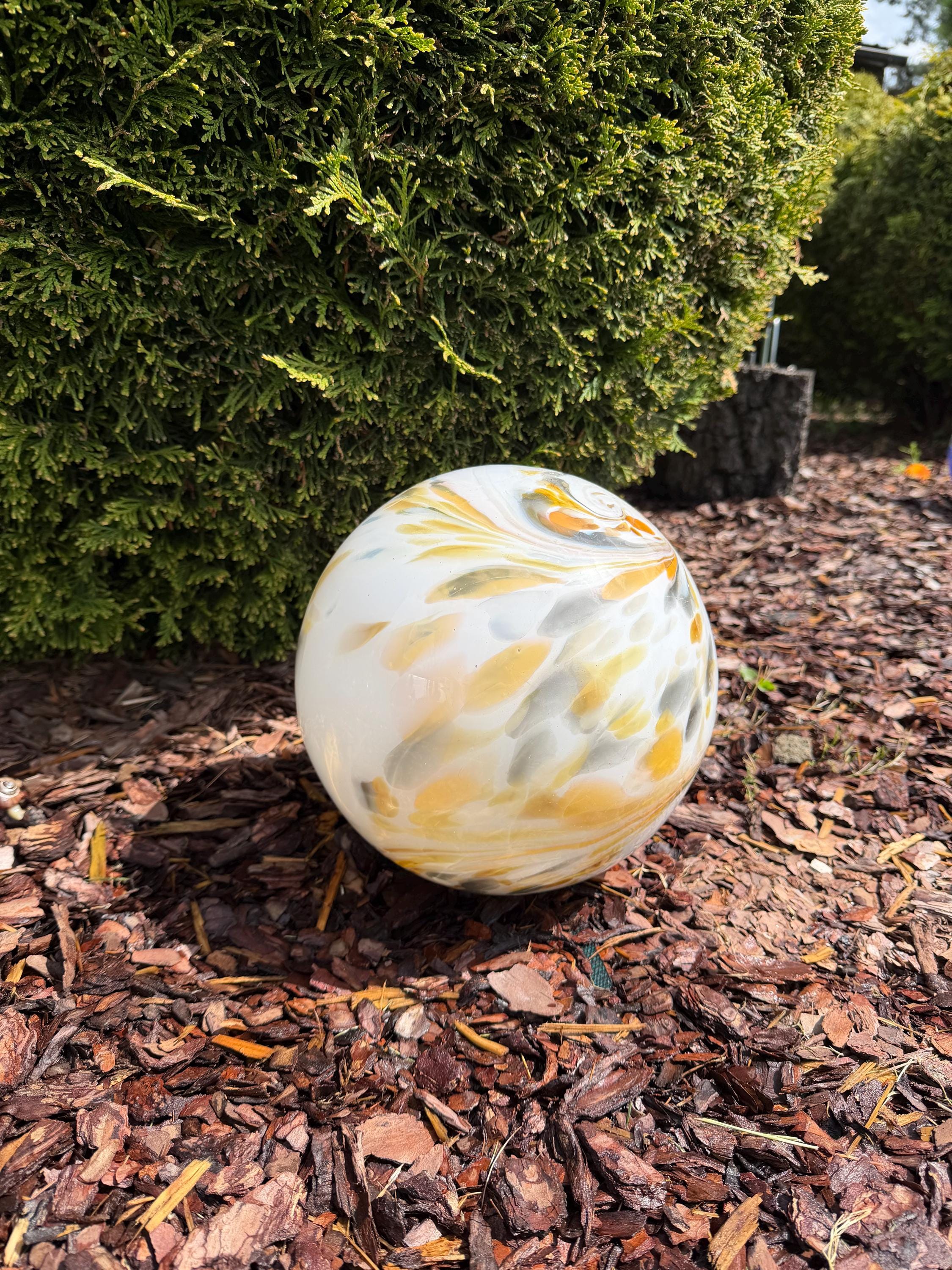 25cm Hand-Blown White Yellow Swirl Glass Sphere – Large Marble Decorative Orb