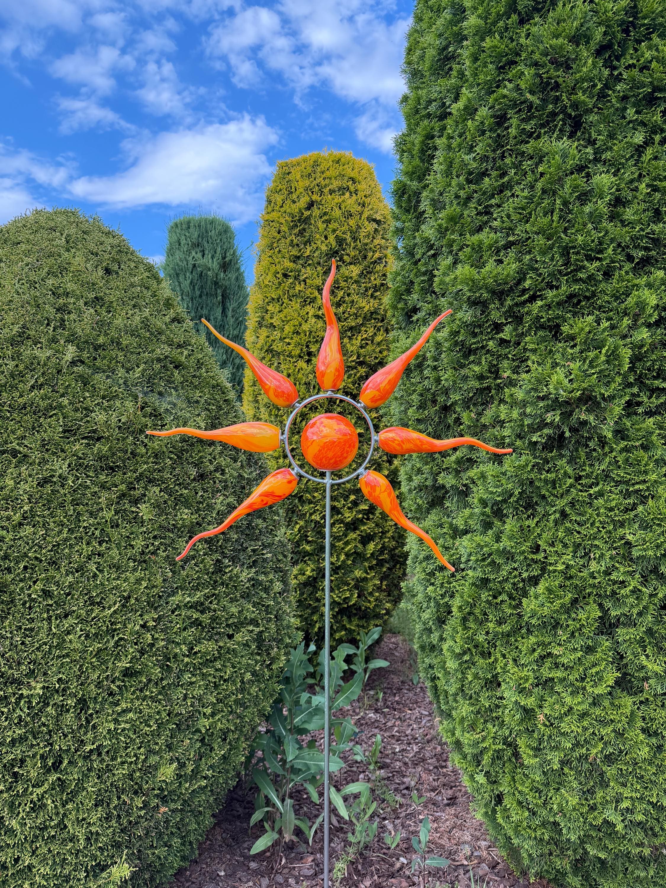 160cm Hand-Blown Glass Sun Garden Stake – Orange Outdoor Yard Art